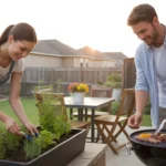 A couple enjoys a quiet evening on their patio in Frisco, TX, tending to an herb garden and preparing to grill dinner.