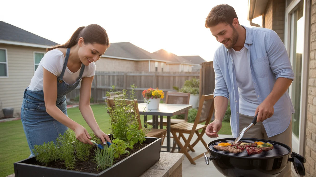 A couple enjoys a quiet evening on their patio in Frisco, TX, tending to an herb garden and preparing to grill dinner.