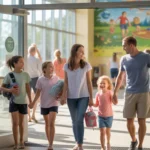 A young family smiles as they arrive at a community recreation center in Naperville, Illinois on a sunny weekend morning.