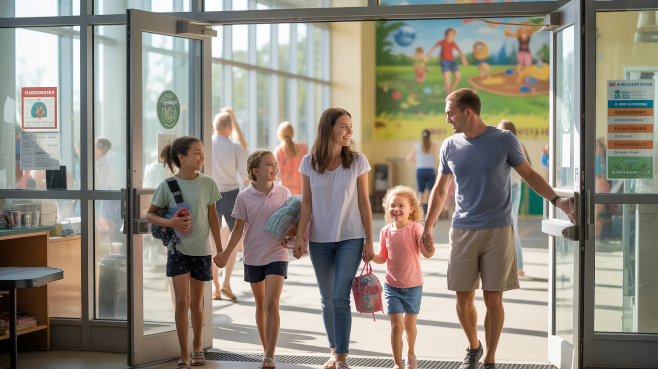 A young family smiles as they arrive at a community recreation center in Naperville, Illinois on a sunny weekend morning.