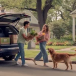 Couple unloading groceries in driveway of house in Chapel Hill neighborhood as dog watches from window