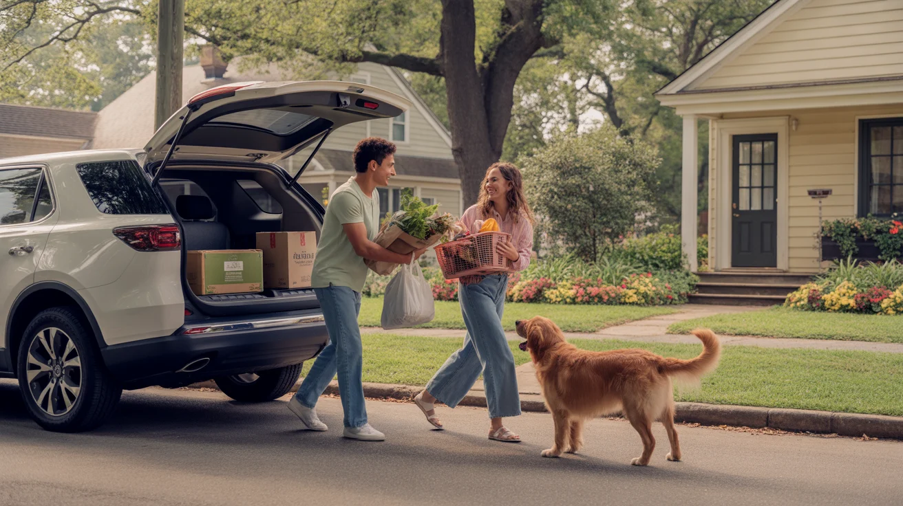 Couple unloading groceries in driveway of house in Chapel Hill neighborhood as dog watches from window