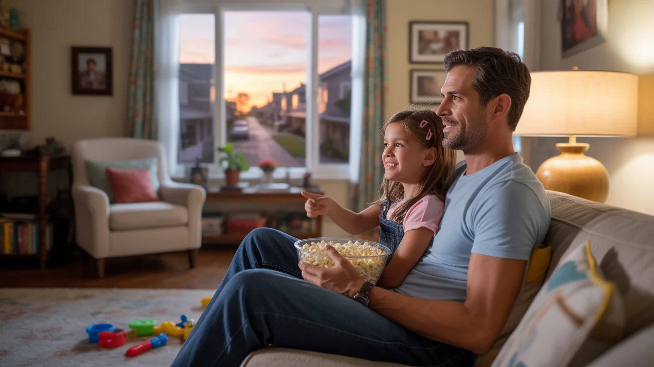 Father and daughter watching TV together on living room couch in Pasadena, TX home at sunset