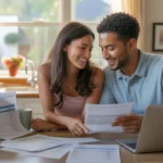 Couple reviewing utility bills and budget at kitchen table in Alpharetta home