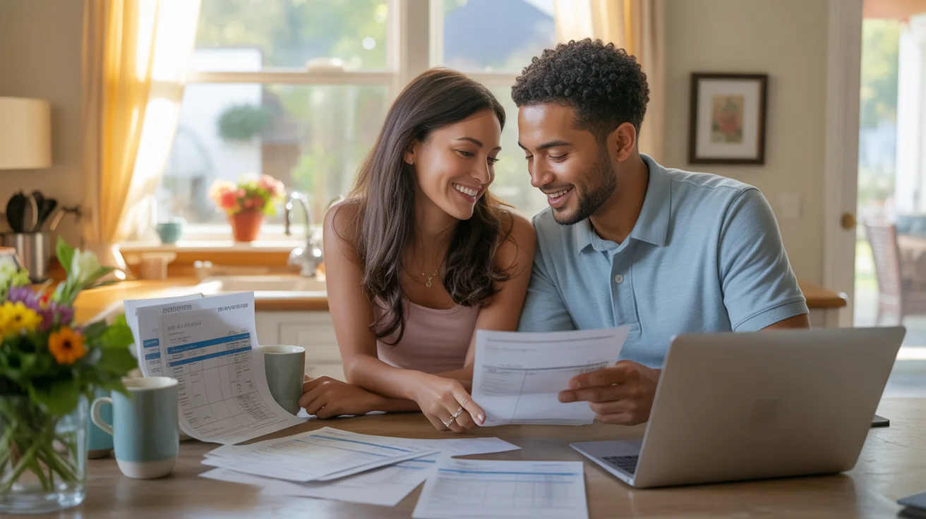 Couple reviewing utility bills and budget at kitchen table in Alpharetta home