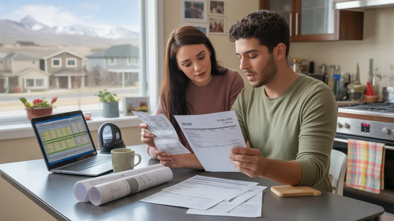 Couple reviewing utility bills and permits at kitchen table in Lehi home