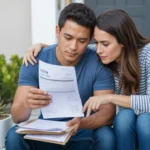 Couple reviewing property tax bill while sitting on townhome steps in Tustin, CA