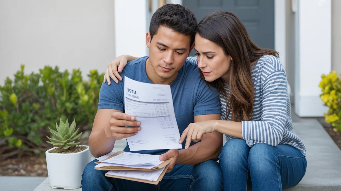 Couple reviewing property tax bill while sitting on townhome steps in Tustin, CA