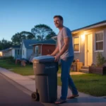 Man taking out trash at dusk outside his home in Clermont, Florida