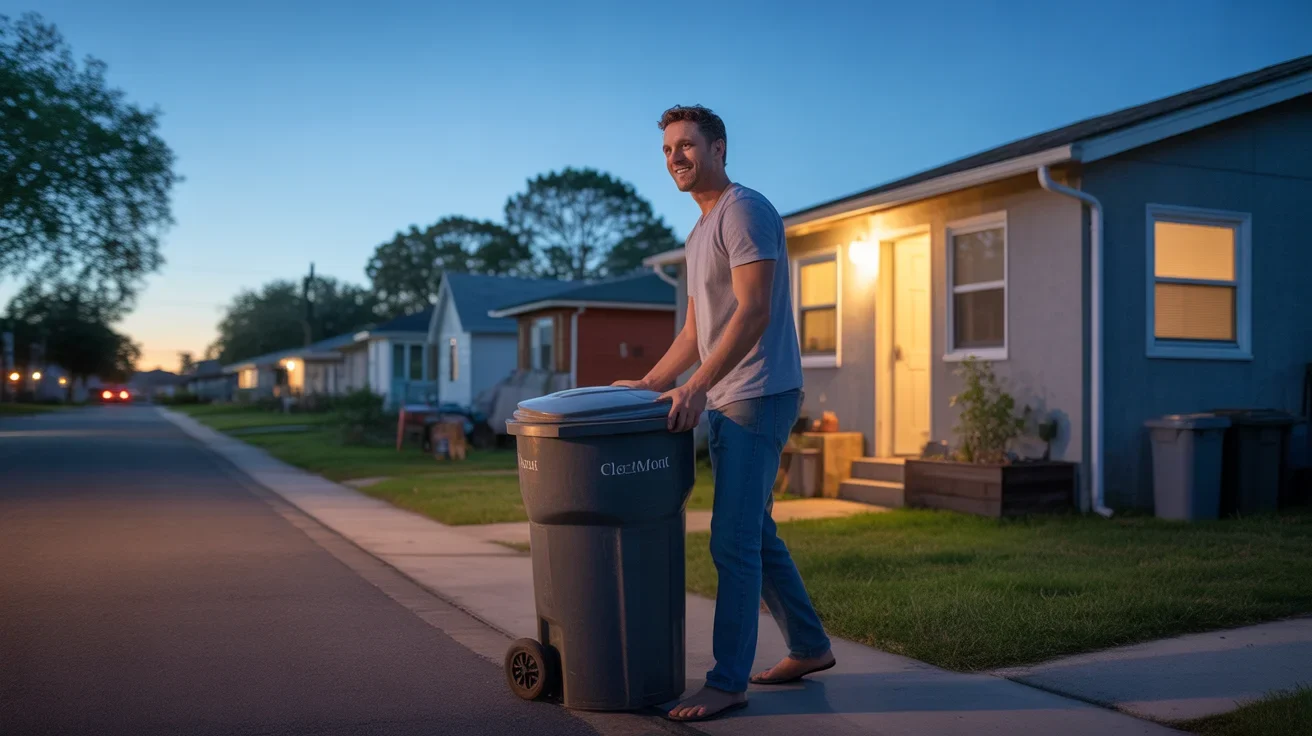 Man taking out trash at dusk outside his home in Clermont, Florida