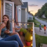 Couple relaxing on apartment balcony at sunset in Monroe, North Carolina