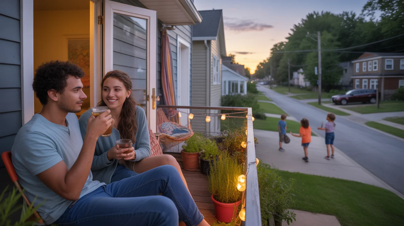 Couple relaxing on apartment balcony at sunset in Monroe, North Carolina