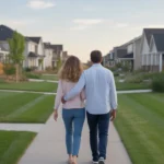 Couple walking through a peaceful Westminster neighborhood at sunset
