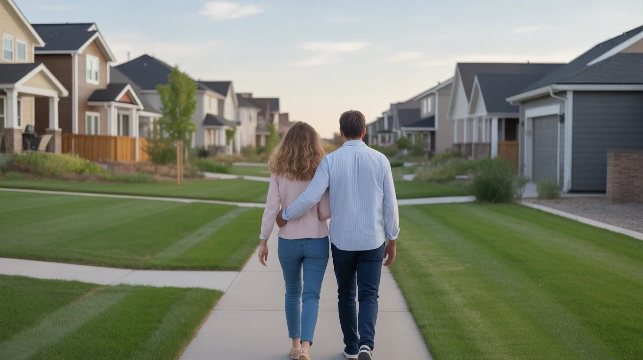 Couple walking through a peaceful Westminster neighborhood at sunset