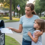 Woman mailing utility payment envelope while walking with young daughter on residential street in Concord, NC