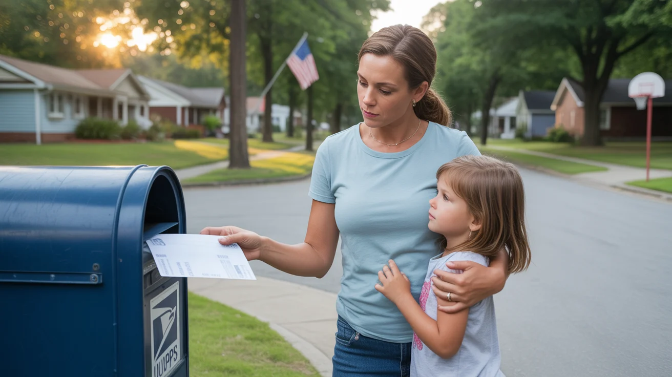 Woman mailing utility payment envelope while walking with young daughter on residential street in Concord, NC