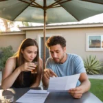 Couple reviewing high summer electric bill at patio table under umbrella in Anaheim backyard