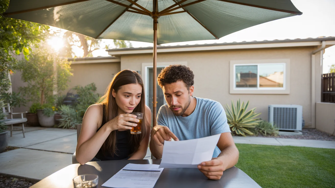 Couple reviewing high summer electric bill at patio table under umbrella in Anaheim backyard