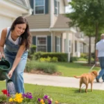 Woman watering flowers outside her townhome in an Alpharetta HOA neighborhood