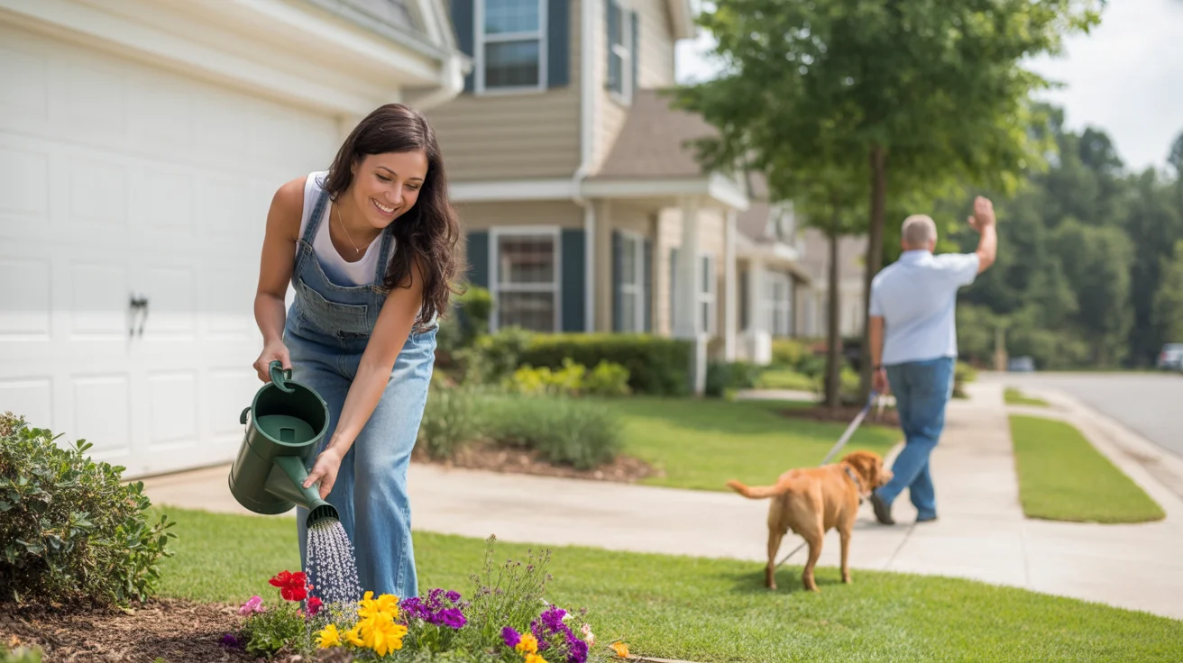 Woman watering flowers outside her townhome in an Alpharetta HOA neighborhood