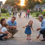 Neighbors chatting in a driveway while children play with chalk in a quiet Joliet neighborhood at sunset