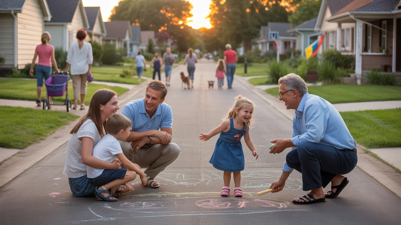 Neighbors chatting in a driveway while children play with chalk in a quiet Joliet neighborhood at sunset