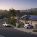 Aerial view of a modern Chino Hills home with solar panels at sunrise