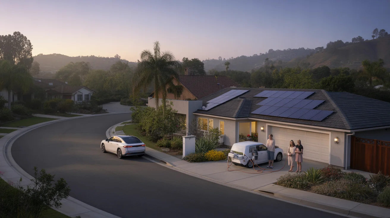 Aerial view of a modern Chino Hills home with solar panels at sunrise