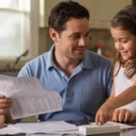 Father and daughter in kitchen reviewing utility bills, The Woodlands TX