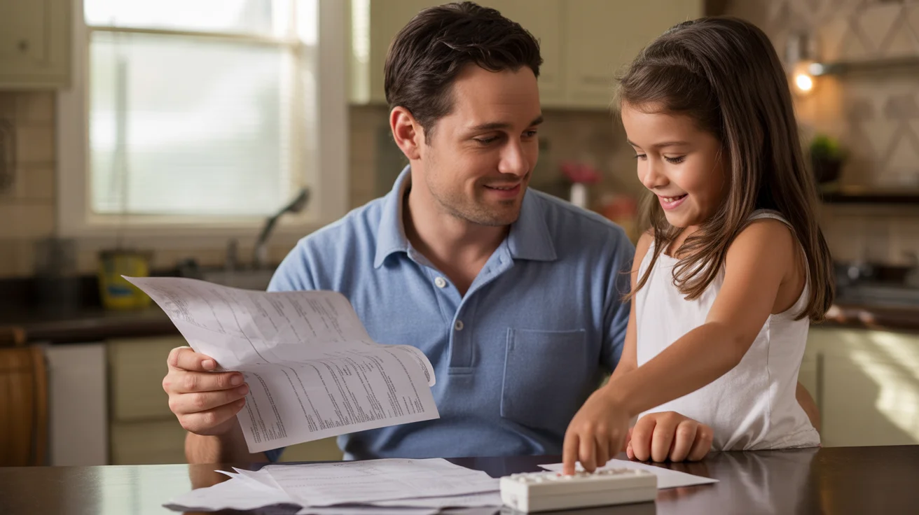 Father and daughter in kitchen reviewing utility bills, The Woodlands TX