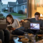 A group of friends relax together on a living room couch, each using different devices and streaming services.