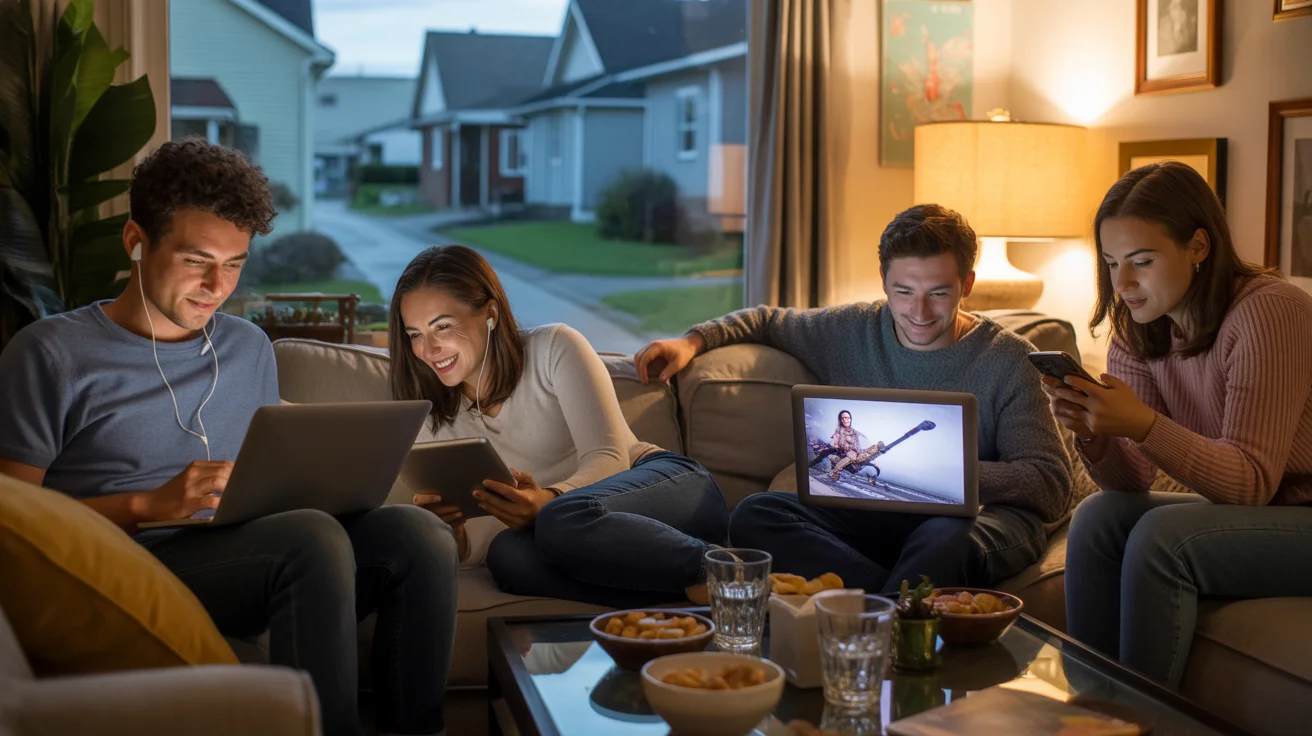 A group of friends relax together on a living room couch, each using different devices and streaming services.