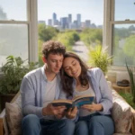 Couple reading together on couch in sunlit apartment with plants and bookshelves