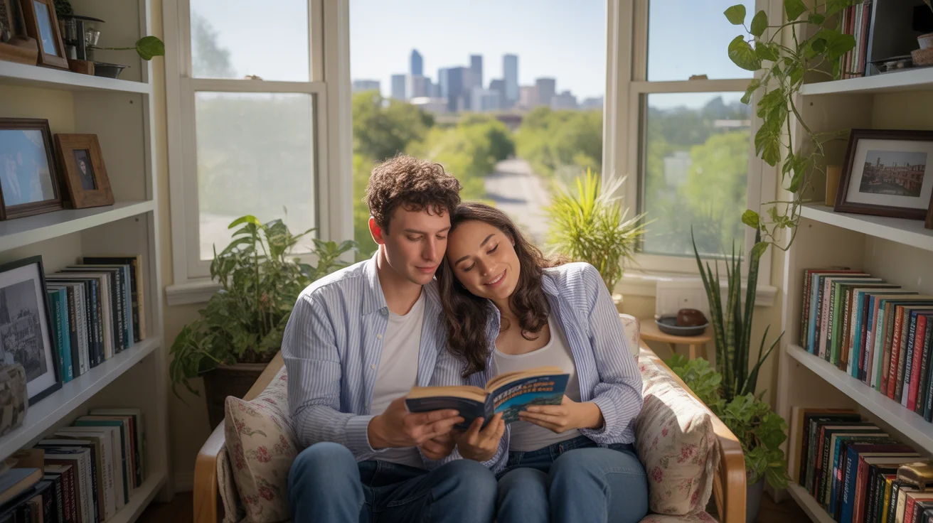 Couple reading together on couch in sunlit apartment with plants and bookshelves