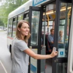 Woman boarding nearly empty city bus on sunny morning in Monroe, NC