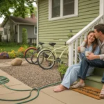 Couple sitting on front steps of Littleton bungalow at sunrise