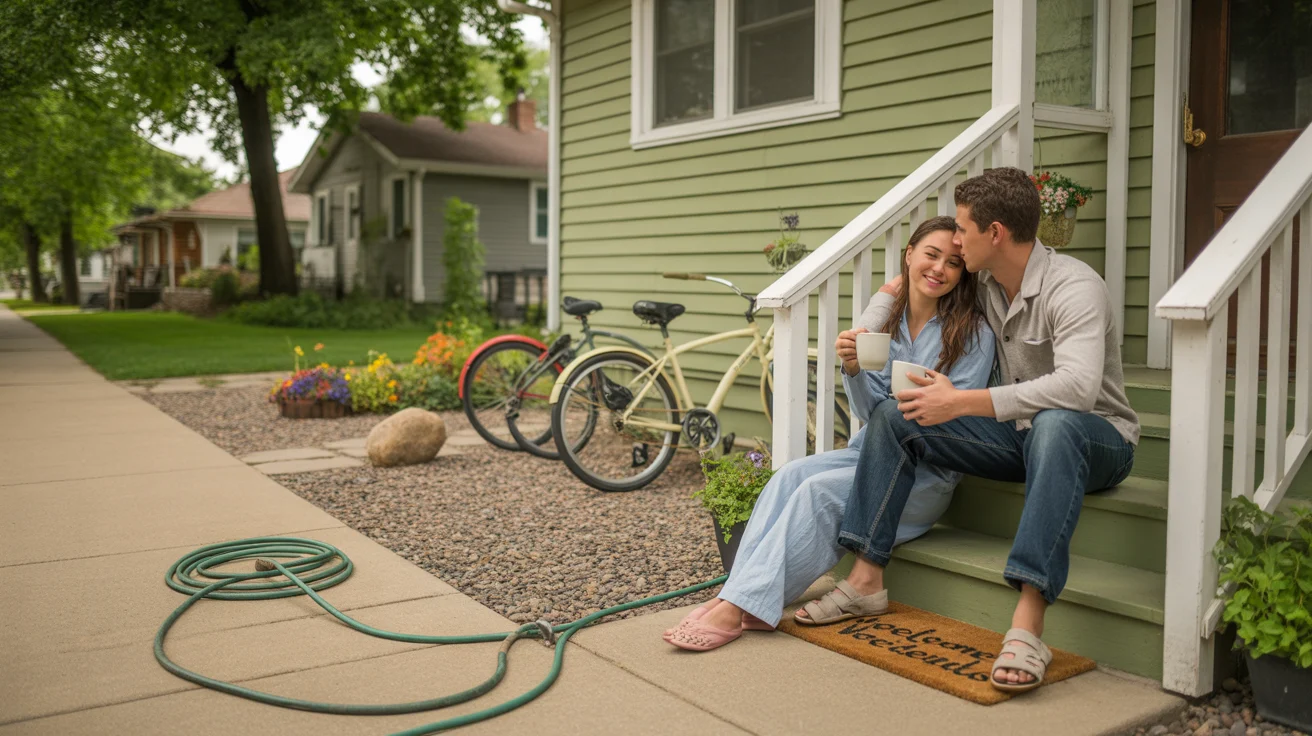 Couple sitting on front steps of Littleton bungalow at sunrise