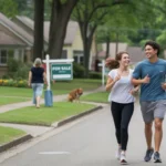 A couple jogging past suburban homes for sale in Marietta, GA on a sunny morning