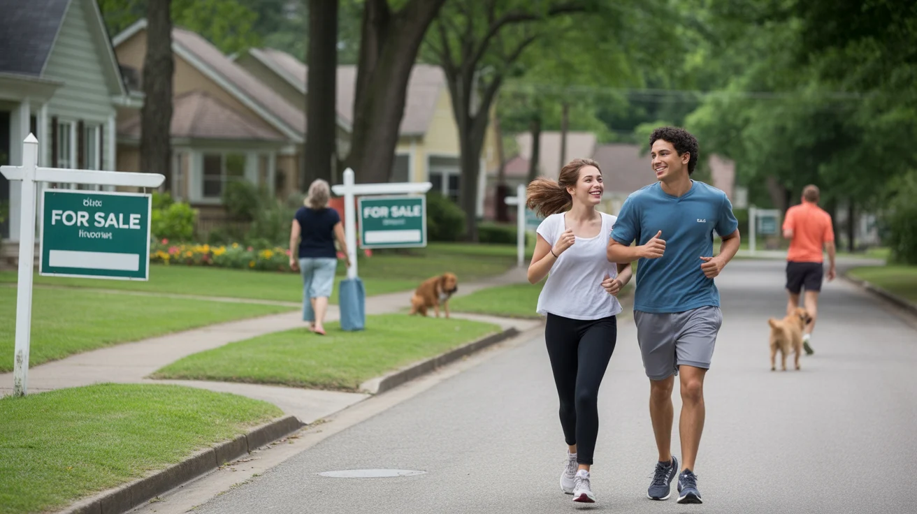 A couple jogging past suburban homes for sale in Marietta, GA on a sunny morning