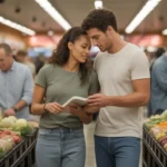 A young couple shopping for affordable produce at a San Bernardino discount grocery store