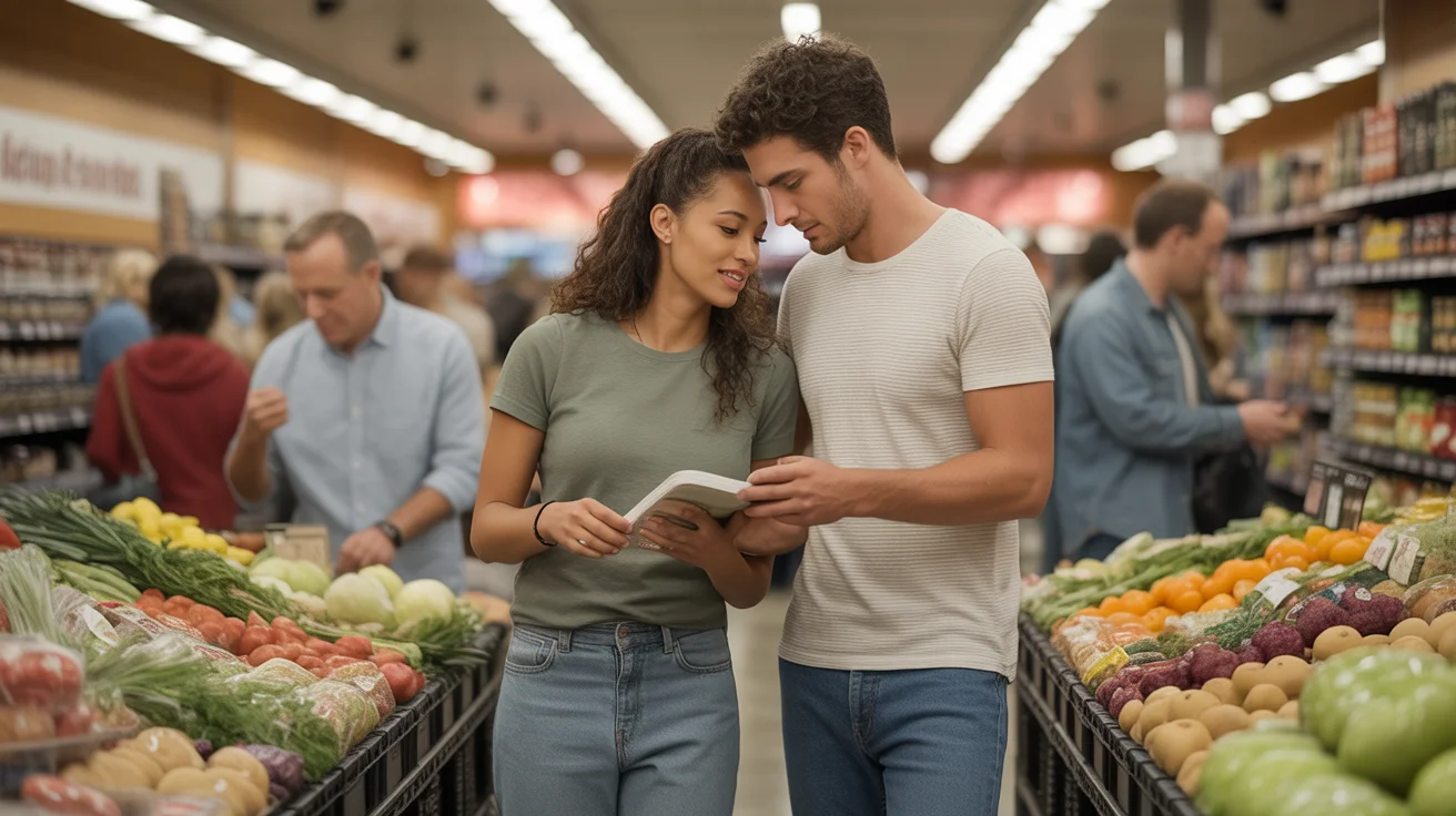 A young couple shopping for affordable produce at a San Bernardino discount grocery store