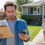 Man reviewing utility bill in driveway of suburban Utah home while daughter plays nearby