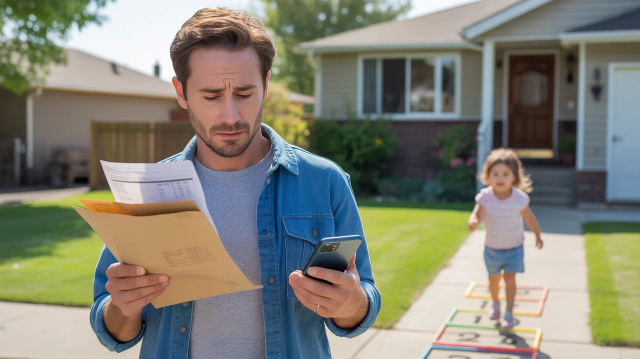 Man reviewing utility bill in driveway of suburban Utah home while daughter plays nearby