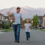 Father and daughter walking on residential street in Taylorsville, UT at dusk