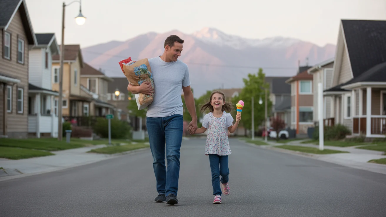 Father and daughter walking on residential street in Taylorsville, UT at dusk