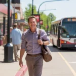 A man exits an RTD bus at a suburban shopping center in Arvada, Colorado
