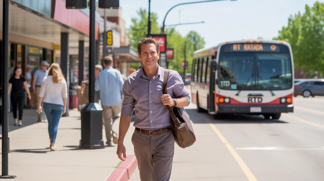 A man exits an RTD bus at a suburban shopping center in Arvada, Colorado