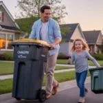 Father and young daughter taking out the trash and recycling bins in front of their Charlotte home at sunset