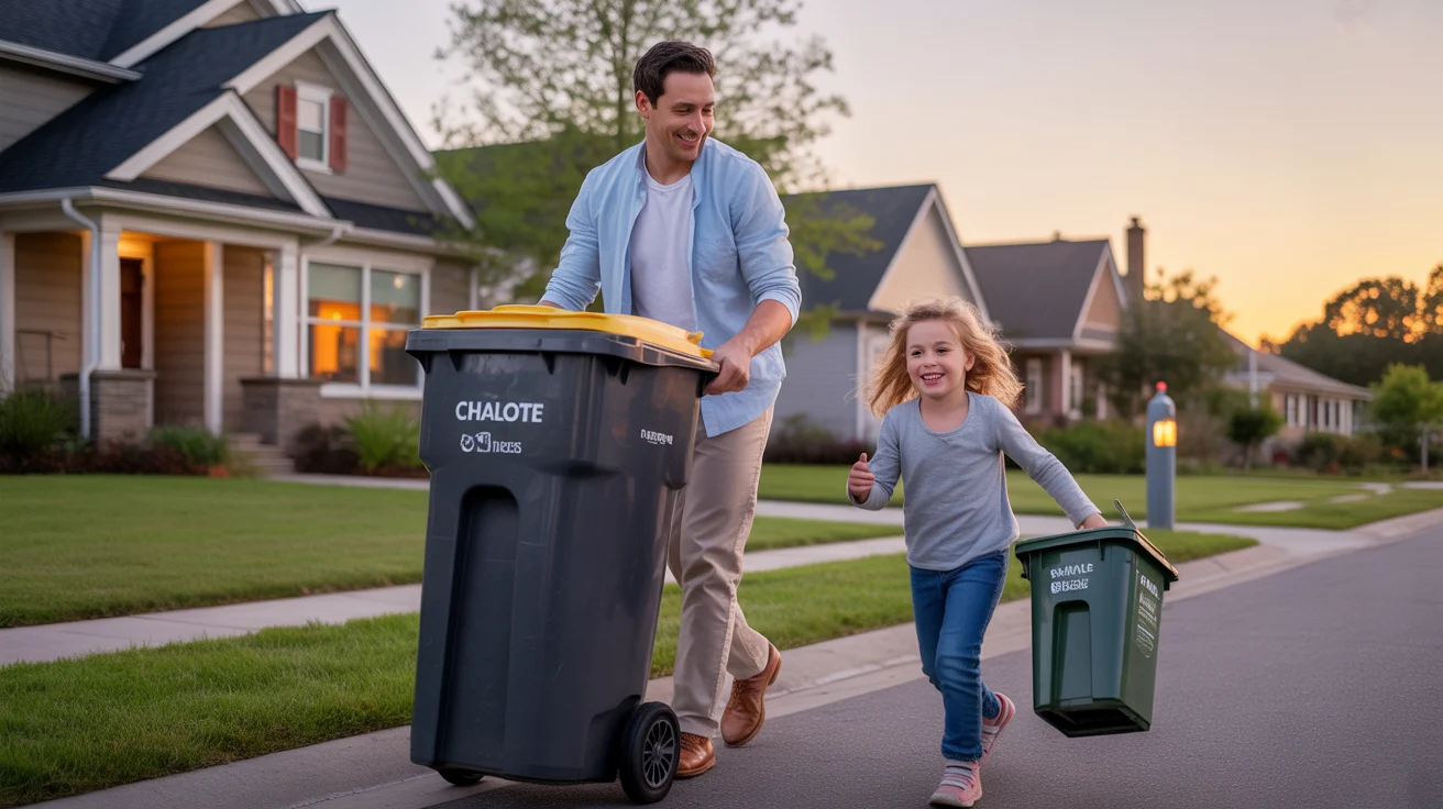 Father and young daughter taking out the trash and recycling bins in front of their Charlotte home at sunset