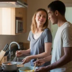 Couple cooking together in affordable apartment kitchen in Gastonia, NC